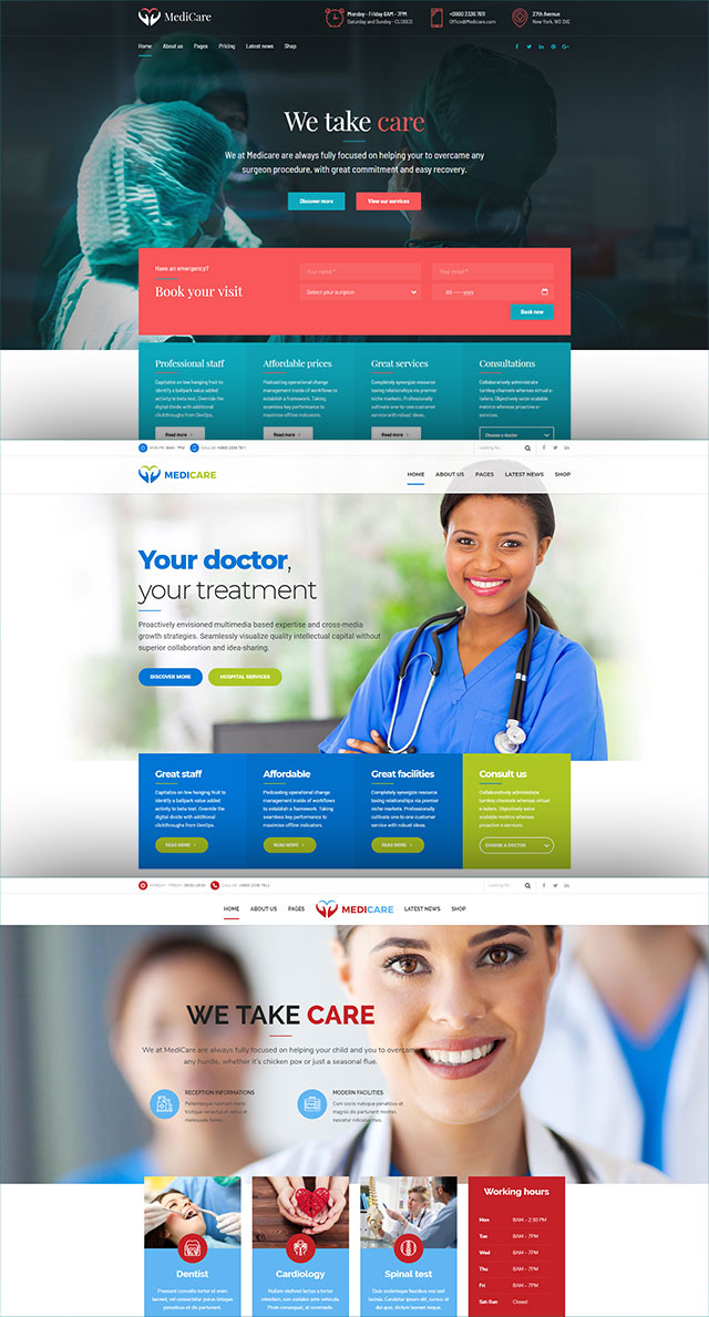 health and medical wordpress theme Medicare three homepages in a column